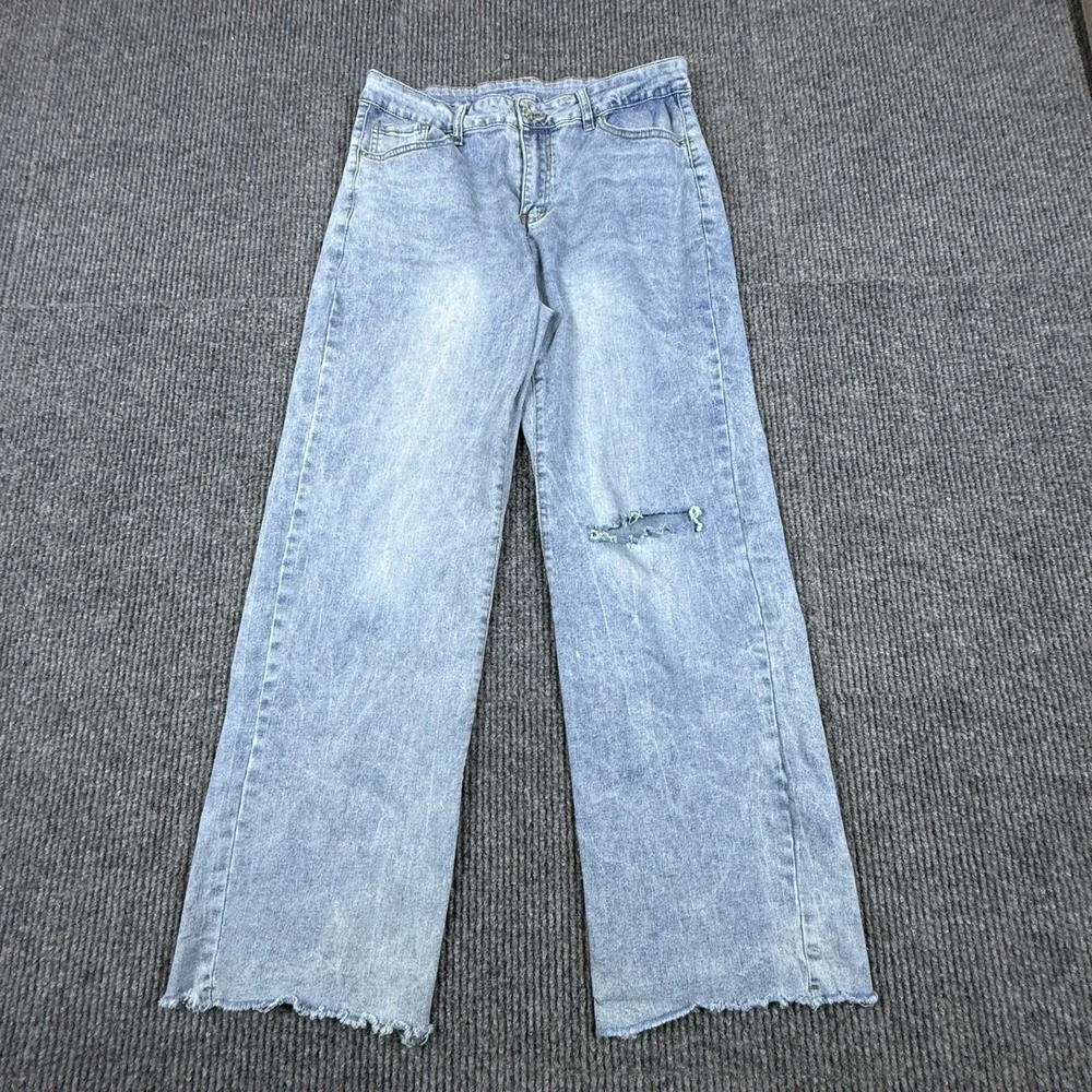 Womens Light Wash Distressed Wide Leg Jeans Size XL Raw Hem LC7873654-104